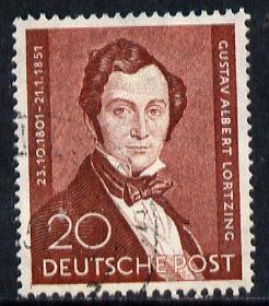 Germany - West Berlin 1951 Death Centenary of Lortzing 20pf cds used, SG B74, stamps on personalities, stamps on opera, stamps on music, stamps on composers, stamps on 