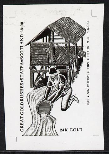 Staffa 1981 Great gold Rushes \A38 Duscovery at Sutters Mill - B&W bromide proof of yssued design as Rosen SF 1011, stamps on cinderellas, stamps on gold, stamps on minerals