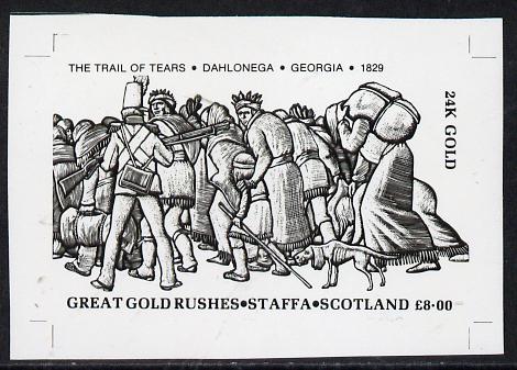 Staffa 1981 Great gold Rushes A38 The Trail of Tears (horizontal) - B&W bromide proof of yssued design as Rosen SF 1010, stamps on , stamps on  stamps on cinderellas, stamps on  stamps on gold, stamps on  stamps on minerals