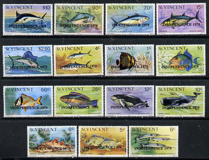 St Vincent 1979 Fish definitive set of 15 overprinted INDEPENDENCE 1979 unmounted mint SG 606-20, stamps on fish