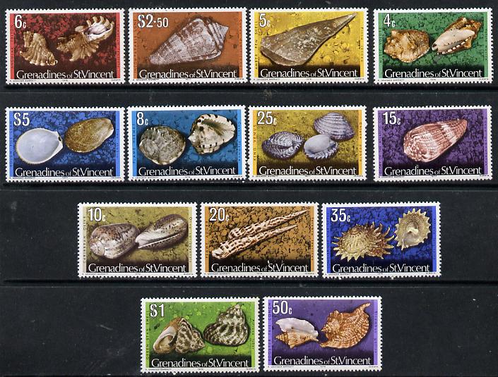 St Vincent - Grenadines 1974 Shells definitive set complete with imprint ate 4c to $5 (13 vals) unmounted mint SG 38B-52B, stamps on , stamps on  stamps on shells, stamps on  stamps on marine life