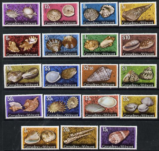 St Vincent - Grenadines 1974 Shells definitive set complete without imprint ate 1c to $10 (19 vals) unmounted mint SG 36A-52cA, stamps on shells, stamps on marine life