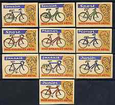 Match Box Labels - complete set of 10 Bicycles, fine unused condition (Czechoslovakian), stamps on bicycles