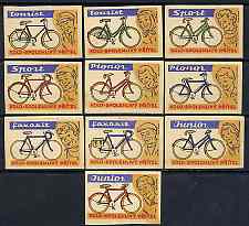 Match Box Labels - complete set of 10 Bicycles, fine unused condition (Czechoslovakian), stamps on bicycles