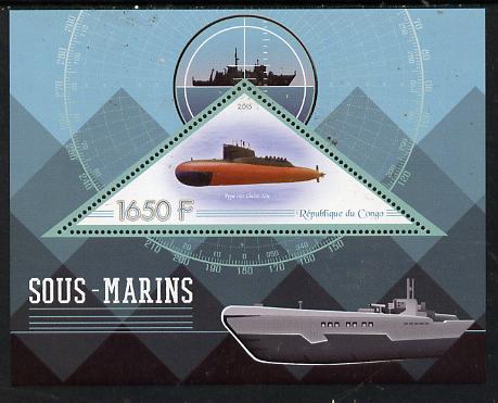 Congo 2015 Submarines perf deluxe sheet containing one triangular value unmounted mint, stamps on , stamps on  stamps on ships, stamps on  stamps on submarines, stamps on  stamps on shaped, stamps on  stamps on triangulars, stamps on  stamps on triangles