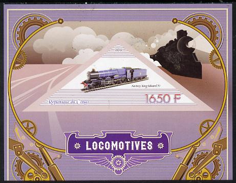 Congo 2015 Steam Locomotives imperf deluxe sheet containing one triangular value unmounted mint, stamps on , stamps on  stamps on railways, stamps on  stamps on shaped, stamps on  stamps on triangulars, stamps on  stamps on triangles