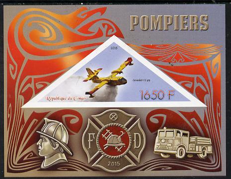 Congo 2015 Fire Services imperf deluxe sheet containing one triangular value unmounted mint, stamps on , stamps on  stamps on aviation, stamps on  stamps on fire, stamps on  stamps on helicopters, stamps on  stamps on ships, stamps on  stamps on trucks, stamps on  stamps on shaped, stamps on  stamps on triangulars, stamps on  stamps on triangles