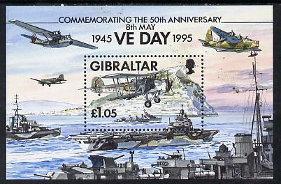 Gibraltar 1995  50th Anniversary of End of Second World War perf m/sheet unmounted mint, SG MS 744, stamps on , stamps on  stamps on ships, stamps on ww2, stamps on , stamps on  stamps on  ww2 , stamps on  stamps on aviation, stamps on  stamps on flat tops, stamps on  stamps on militaria