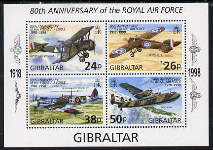 Gibraltar 1998 80th Anniversary of Royal Air Force perf m/sheet containing 4 values unmounted mint, SG MS 833, stamps on , stamps on  stamps on aviation, stamps on  stamps on  raf , stamps on  stamps on royal air force, stamps on  stamps on 