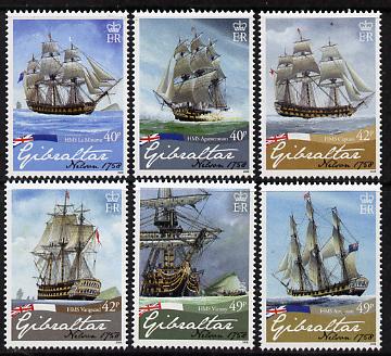 Gibraltar 2008 250th Birth Anniversary of Admiral Lord Nelson set of 6 values unmounted mint, SG 1268-73, stamps on , stamps on  stamps on personalities, stamps on  stamps on nelson, stamps on  stamps on ships, stamps on  stamps on 