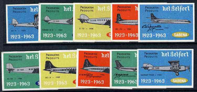 Match Box Labels - complete set of 10 Sabena Airlines, superb unused condition, stamps on , stamps on  stamps on aviation     handley page    fokker    dh      junkers     douglkas    dc     boeing