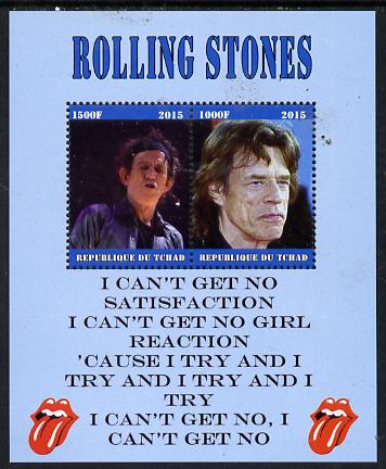 Chad 2015 The Rolling Stones #1 perf sheetlet containing 2 values unmounted mint. Note this item is privately produced and is offered purely on its thematic appeal. . , stamps on , stamps on  stamps on personalities, stamps on  stamps on music, stamps on  stamps on pops, stamps on  stamps on rock, stamps on  stamps on stones