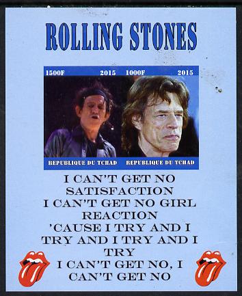 Chad 2015 The Rolling Stones #1 imperf sheetlet containing 2 values unmounted mint. Note this item is privately produced and is offered purely on its thematic appeal. . , stamps on , stamps on  stamps on personalities, stamps on  stamps on music, stamps on  stamps on pops, stamps on  stamps on rock, stamps on  stamps on stones