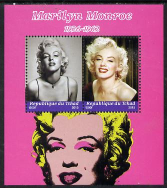 Chad 2015 Marilyn Monroe perf sheetlet containing 2 values unmounted mint. Note this item is privately produced and is offered purely on its thematic appeal. . , stamps on , stamps on  stamps on personalities, stamps on  stamps on films, stamps on  stamps on cinema, stamps on  stamps on movies, stamps on  stamps on music, stamps on  stamps on marilyn, stamps on  stamps on monroe