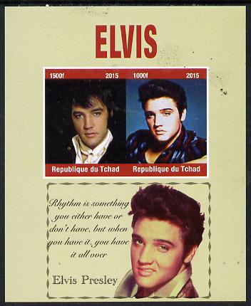 Chad 2015 Elvis Presley imperf sheetlet containing 2 values unmounted mint. Note this item is privately produced and is offered purely on its thematic appeal. . , stamps on personalities, stamps on elvis, stamps on music, stamps on films, stamps on cinema, stamps on movies, stamps on pops, stamps on rock