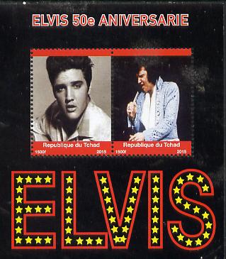 Chad 2015 Elvis 50th Death Anniversary perf sheetlet containing 2 values unmounted mint. Note this item is privately produced and is offered purely on its thematic appeal..., stamps on personalities, stamps on elvis, stamps on music, stamps on films, stamps on cinema, stamps on movies, stamps on pops, stamps on rock