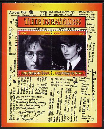 Chad 2015 The Beatles #2 perf sheetlet containing 2 values unmounted mint. Note this item is privately produced and is offered purely on its thematic appeal. . , stamps on personalities, stamps on music, stamps on pops, stamps on rock, stamps on beatles