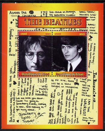 Chad 2015 The Beatles #2 perf sheetlet containing 2 values unmounted mint. Note this item is privately produced and is offered purely on its thematic appeal. . , stamps on , stamps on  stamps on personalities, stamps on  stamps on music, stamps on  stamps on pops, stamps on  stamps on rock, stamps on  stamps on beatles