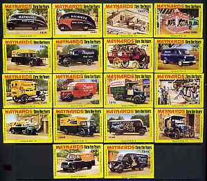 Match Box Labels - complete set of 18 Maynards Thru The Years (Mainly vehicles), superb unused condition (Cornish Match Co for Maynards), stamps on food     transport      lorries     sugar    trucks