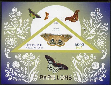 Madagascar 2015 Butterflies #3 imperf deluxe sheet containing one triangular value unmounted mint, stamps on , stamps on  stamps on shaped, stamps on  stamps on triangular, stamps on  stamps on butterflies.