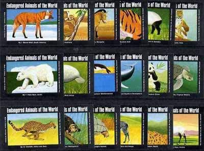 Match Box Labels - complete set of 18 Endangered Animals of the World, superb unused condition (Cornish Match Co), stamps on , stamps on  stamps on animals    turtles     wolf   dogs   zebra    whales     manatee    lemur    bears     horses    oryx     cheetah    cats     koala     seal     leopard      panda    lynx    tiger    tapir     tortoise, stamps on  stamps on tigers