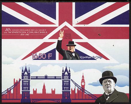 Congo 2015 50th Death Anniversary of Winston Churchill imerf deluxe sheet containing one triangular stamp unmounted mint , stamps on personalities, stamps on churchill, stamps on constitutions, stamps on  ww2 , stamps on masonry, stamps on masonics, stamps on london, stamps on shaped, stamps on triangular