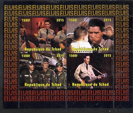 Chad 2015 Elvis Presley #1 perf sheetlet containing 4 values unmounted mint. Note this item is privately produced and is offered purely on its thematic appeal. . , stamps on personalities, stamps on elvis, stamps on music, stamps on films, stamps on cinema, stamps on movies, stamps on pops, stamps on rock
