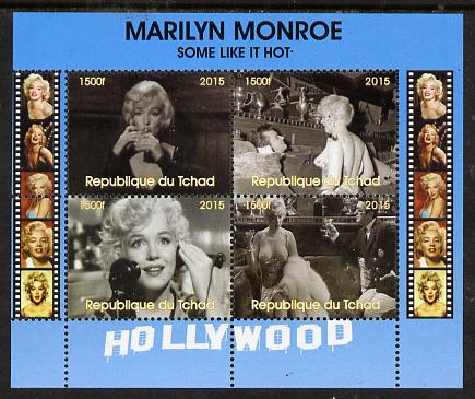 Chad 2015 Marilyn Monroe - Some Like it Hot perf sheetlet containing 4 values unmounted mint. Note this item is privately produced and is offered purely on its thematic a..., stamps on personalities, stamps on films, stamps on cinema, stamps on movies, stamps on music, stamps on marilyn, stamps on monroe