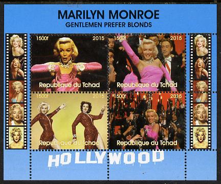 Chad 2015 Marilyn Monroe - Gentlemen Prefer Blondes perf sheetlet containing 4 values unmounted mint. Note this item is privately produced and is offered purely on its thematic appeal. . , stamps on , stamps on  stamps on personalities, stamps on  stamps on films, stamps on  stamps on cinema, stamps on  stamps on movies, stamps on  stamps on music, stamps on  stamps on marilyn, stamps on  stamps on monroe