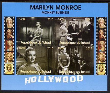 Chad 2015 Marilyn Monroe - Monkey Business imperf sheetlet containing 4 values unmounted mint. Note this item is privately produced and is offered purely on its thematic appeal. . , stamps on , stamps on  stamps on personalities, stamps on  stamps on films, stamps on  stamps on cinema, stamps on  stamps on movies, stamps on  stamps on music, stamps on  stamps on marilyn, stamps on  stamps on monroe