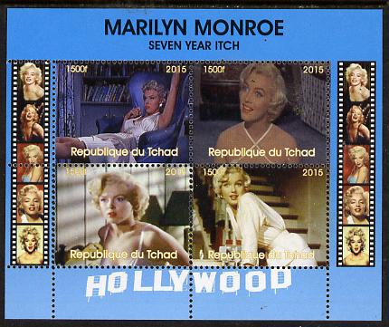 Chad 2015 Marilyn Monroe - Seven Year Itch perf sheetlet containing 4 values unmounted mint. Note this item is privately produced and is offered purely on its thematic appeal. . , stamps on , stamps on  stamps on personalities, stamps on  stamps on films, stamps on  stamps on cinema, stamps on  stamps on movies, stamps on  stamps on music, stamps on  stamps on marilyn, stamps on  stamps on monroe