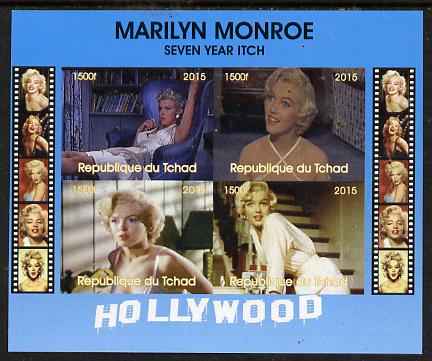 Chad 2015 Marilyn Monroe - Seven Year Itch imperf sheetlet containing 4 values unmounted mint. Note this item is privately produced and is offered purely on its thematic appeal. . , stamps on , stamps on  stamps on personalities, stamps on  stamps on films, stamps on  stamps on cinema, stamps on  stamps on movies, stamps on  stamps on music, stamps on  stamps on marilyn, stamps on  stamps on monroe