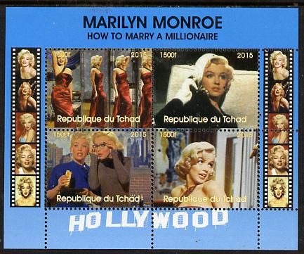 Chad 2015 Marilyn Monroe - How to Marry a Millionaire perf sheetlet containing 4 values unmounted mint. Note this item is privately produced and is offered purely on its thematic appeal. . , stamps on , stamps on  stamps on personalities, stamps on  stamps on films, stamps on  stamps on cinema, stamps on  stamps on movies, stamps on  stamps on music, stamps on  stamps on marilyn, stamps on  stamps on monroe