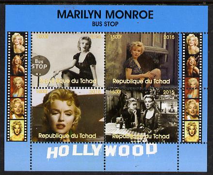 Chad 2015 Marilyn Monroe - Bus Stop perf sheetlet containing 4 values unmounted mint. Note this item is privately produced and is offered purely on its thematic appeal. . , stamps on , stamps on  stamps on personalities, stamps on  stamps on films, stamps on  stamps on cinema, stamps on  stamps on movies, stamps on  stamps on music, stamps on  stamps on marilyn, stamps on  stamps on monroe