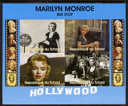 Chad 2015 Marilyn Monroe - Bus Stop im perf sheetlet containing 4 values unmounted mint. Note this item is privately produced and is offered purely on its thematic appeal..., stamps on personalities, stamps on films, stamps on cinema, stamps on movies, stamps on music, stamps on marilyn, stamps on monroe