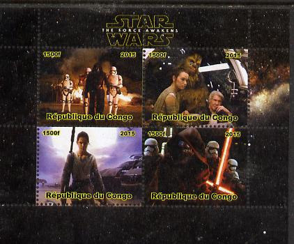 Congo 2015 Star Wars - The Force Awakens #1 perf sheetlet containing 4 values unmounted mint. Note this item is privately produced and is offered purely on its thematic appeal, it has no postal validity, stamps on films, stamps on cinema, stamps on movies, stamps on  tv , stamps on sci-fi, stamps on 