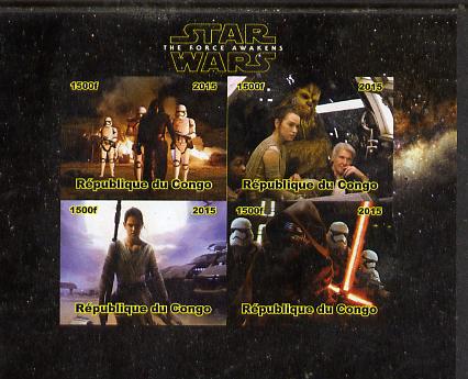 Congo 2015 Star Wars - The Force Awakens #1 imperf sheetlet containing 4 values unmounted mint. Note this item is privately produced and is offered purely on its thematic appeal, stamps on , stamps on  stamps on films, stamps on  stamps on cinema, stamps on  stamps on movies, stamps on  stamps on  tv , stamps on  stamps on sci-fi, stamps on  stamps on 