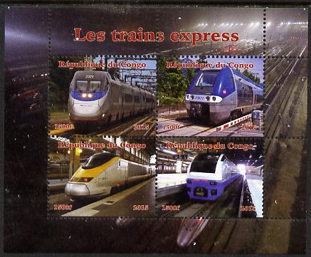 Congo 2015 High Speed Trains perf sheetlet containing 4 values unmounted mint. Note this item is privately produced and is offered purely on its thematic appeal, it has n..., stamps on railways