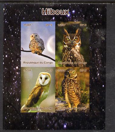 Congo 2015 Owls imperf sheetlet containing 4 values unmounted mint. Note this item is privately produced and is offered purely on its thematic appeal, stamps on , stamps on  stamps on birds, stamps on  stamps on birds of prey, stamps on  stamps on owls