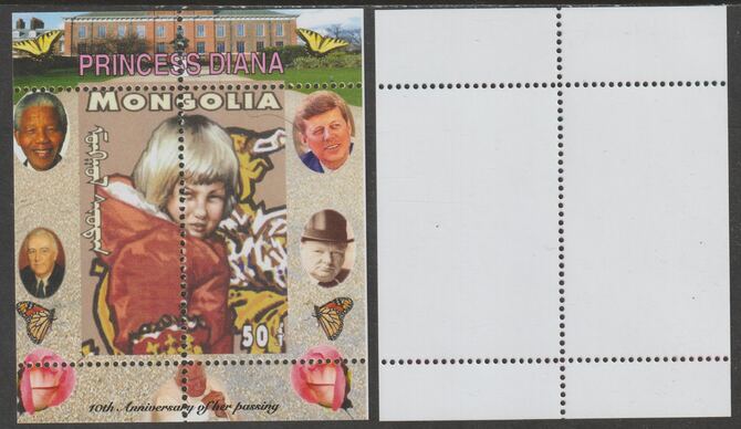 Mongolia 2007 Tenth Death Anniversary of Princess Diana 50f m/sheet #02 perforated with wrong perf pattern unmounted mint (Churchill, Kennedy, Mandela, Roosevelt, Pope & Butterflies in background), stamps on , stamps on  stamps on royalty, stamps on  stamps on diana, stamps on  stamps on churchill, stamps on  stamps on kennedy, stamps on  stamps on personalities, stamps on  stamps on mandela, stamps on  stamps on butterflies, stamps on  stamps on roosevelt, stamps on  stamps on usa presidents, stamps on  stamps on americana, stamps on  stamps on human rights, stamps on  stamps on nobel, stamps on  stamps on personalities, stamps on  stamps on mandela, stamps on  stamps on nobel, stamps on  stamps on peace, stamps on  stamps on racism, stamps on  stamps on human rights, stamps on  stamps on pope, stamps on  stamps on 