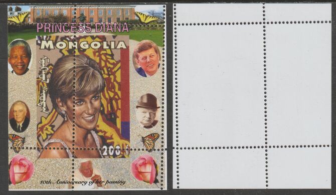 Mongolia 2007 Tenth Death Anniversary of Princess Diana 200f m/sheet #07 perforated with wrong perf pattern unmounted mint (Churchill, Kennedy, Mandela, Roosevelt, Pope & Butterflies in background), stamps on , stamps on  stamps on royalty, stamps on  stamps on diana, stamps on  stamps on churchill, stamps on  stamps on kennedy, stamps on  stamps on personalities, stamps on  stamps on mandela, stamps on  stamps on butterflies, stamps on  stamps on roosevelt, stamps on  stamps on usa presidents, stamps on  stamps on americana, stamps on  stamps on human rights, stamps on  stamps on nobel, stamps on  stamps on personalities, stamps on  stamps on mandela, stamps on  stamps on nobel, stamps on  stamps on peace, stamps on  stamps on racism, stamps on  stamps on human rights, stamps on  stamps on pope, stamps on  stamps on 