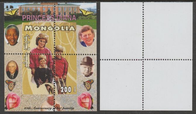 Mongolia 2007 Tenth Death Anniversary of Princess Diana 200f m/sheet #08 perforated with wrong perf pattern unmounted mint (Churchill, Kennedy, Mandela, Roosevelt, Pope & Butterflies in background), stamps on royalty, stamps on diana, stamps on churchill, stamps on kennedy, stamps on personalities, stamps on mandela, stamps on butterflies, stamps on roosevelt, stamps on usa presidents, stamps on americana, stamps on human rights, stamps on nobel, stamps on personalities, stamps on mandela, stamps on nobel, stamps on peace, stamps on racism, stamps on human rights, stamps on pope, stamps on 