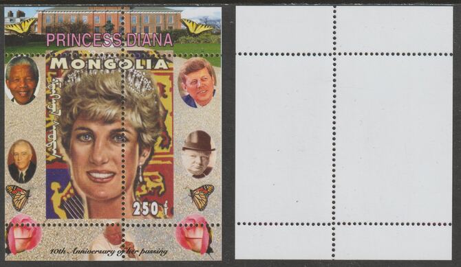 Mongolia 2007 Tenth Death Anniversary of Princess Diana 250f m/sheet #09 perforated with wrong perf pattern unmounted mint (Churchill, Kennedy, Mandela, Roosevelt, Pope & Butterflies in background), stamps on , stamps on  stamps on royalty, stamps on  stamps on diana, stamps on  stamps on churchill, stamps on  stamps on kennedy, stamps on  stamps on personalities, stamps on  stamps on mandela, stamps on  stamps on butterflies, stamps on  stamps on roosevelt, stamps on  stamps on usa presidents, stamps on  stamps on americana, stamps on  stamps on human rights, stamps on  stamps on nobel, stamps on  stamps on personalities, stamps on  stamps on mandela, stamps on  stamps on nobel, stamps on  stamps on peace, stamps on  stamps on racism, stamps on  stamps on human rights, stamps on  stamps on pope, stamps on  stamps on 