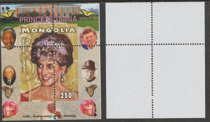 Mongolia 2007 Tenth Death Anniversary of Princess Diana 250f m/sheet #10 perforated with wrong perf pattern unmounted mint (Churchill, Kennedy, Mandela, Roosevelt, Pope & Butterflies in background), stamps on , stamps on  stamps on royalty, stamps on  stamps on diana, stamps on  stamps on churchill, stamps on  stamps on kennedy, stamps on  stamps on personalities, stamps on  stamps on mandela, stamps on  stamps on butterflies, stamps on  stamps on roosevelt, stamps on  stamps on usa presidents, stamps on  stamps on americana, stamps on  stamps on human rights, stamps on  stamps on nobel, stamps on  stamps on personalities, stamps on  stamps on mandela, stamps on  stamps on nobel, stamps on  stamps on peace, stamps on  stamps on racism, stamps on  stamps on human rights, stamps on  stamps on pope, stamps on  stamps on 