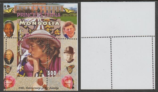 Mongolia 2007 Tenth Death Anniversary of Princess Diana 300f m/sheet #11 perforated with wrong perf pattern unmounted mint (Churchill, Kennedy, Mandela, Roosevelt, Pope & Butterflies in background), stamps on , stamps on  stamps on royalty, stamps on  stamps on diana, stamps on  stamps on churchill, stamps on  stamps on kennedy, stamps on  stamps on personalities, stamps on  stamps on mandela, stamps on  stamps on butterflies, stamps on  stamps on roosevelt, stamps on  stamps on usa presidents, stamps on  stamps on americana, stamps on  stamps on human rights, stamps on  stamps on nobel, stamps on  stamps on personalities, stamps on  stamps on mandela, stamps on  stamps on nobel, stamps on  stamps on peace, stamps on  stamps on racism, stamps on  stamps on human rights, stamps on  stamps on pope, stamps on  stamps on 