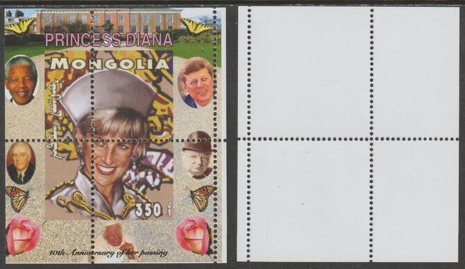 Mongolia 2007 Tenth Death Anniversary of Princess Diana 350f m/sheet #13 perforated with wrong perf pattern unmounted mint (Churchill, Kennedy, Mandela, Roosevelt, Pope & Butterflies in background), stamps on , stamps on  stamps on royalty, stamps on  stamps on diana, stamps on  stamps on churchill, stamps on  stamps on kennedy, stamps on  stamps on personalities, stamps on  stamps on mandela, stamps on  stamps on butterflies, stamps on  stamps on roosevelt, stamps on  stamps on usa presidents, stamps on  stamps on americana, stamps on  stamps on human rights, stamps on  stamps on nobel, stamps on  stamps on personalities, stamps on  stamps on mandela, stamps on  stamps on nobel, stamps on  stamps on peace, stamps on  stamps on racism, stamps on  stamps on human rights, stamps on  stamps on pope, stamps on  stamps on 