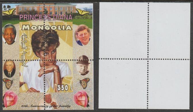 Mongolia 2007 Tenth Death Anniversary of Princess Diana 350f m/sheet #14 perforated with wrong perf pattern unmounted mint (Churchill, Kennedy, Mandela, Roosevelt, Pope & Butterflies in background), stamps on royalty, stamps on diana, stamps on churchill, stamps on kennedy, stamps on personalities, stamps on mandela, stamps on butterflies, stamps on roosevelt, stamps on usa presidents, stamps on americana, stamps on human rights, stamps on nobel, stamps on personalities, stamps on mandela, stamps on nobel, stamps on peace, stamps on racism, stamps on human rights, stamps on pope, stamps on 