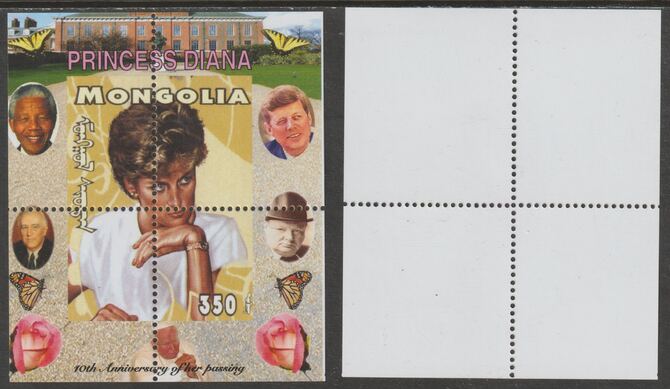 Mongolia 2007 Tenth Death Anniversary of Princess Diana 350f m/sheet #14 perforated with wrong perf pattern unmounted mint (Churchill, Kennedy, Mandela, Roosevelt, Pope & Butterflies in background), stamps on , stamps on  stamps on royalty, stamps on  stamps on diana, stamps on  stamps on churchill, stamps on  stamps on kennedy, stamps on  stamps on personalities, stamps on  stamps on mandela, stamps on  stamps on butterflies, stamps on  stamps on roosevelt, stamps on  stamps on usa presidents, stamps on  stamps on americana, stamps on  stamps on human rights, stamps on  stamps on nobel, stamps on  stamps on personalities, stamps on  stamps on mandela, stamps on  stamps on nobel, stamps on  stamps on peace, stamps on  stamps on racism, stamps on  stamps on human rights, stamps on  stamps on pope, stamps on  stamps on 