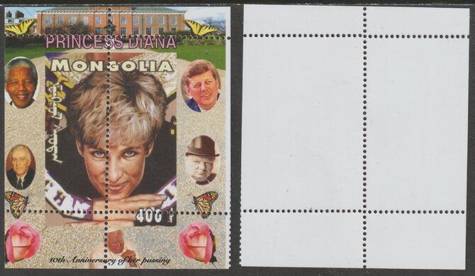 Mongolia 2007 Tenth Death Anniversary of Princess Diana 400f m/sheet #15 perforated with wrong perf pattern unmounted mint (Churchill, Kennedy, Mandela, Roosevelt, Pope & Butterflies in background), stamps on royalty, stamps on diana, stamps on churchill, stamps on kennedy, stamps on personalities, stamps on mandela, stamps on butterflies, stamps on roosevelt, stamps on usa presidents, stamps on americana, stamps on human rights, stamps on nobel, stamps on personalities, stamps on mandela, stamps on nobel, stamps on peace, stamps on racism, stamps on human rights, stamps on pope, stamps on 