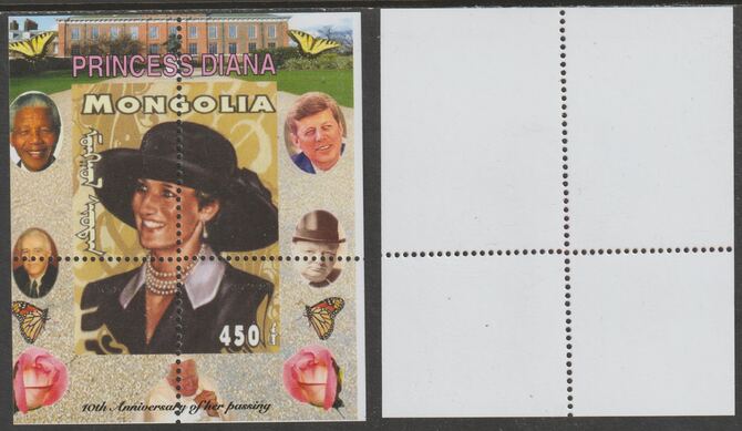 Mongolia 2007 Tenth Death Anniversary of Princess Diana 450f m/sheet #17 perforated with wrong perf pattern unmounted mint (Churchill, Kennedy, Mandela, Roosevelt, Pope & Butterflies in background), stamps on royalty, stamps on diana, stamps on churchill, stamps on kennedy, stamps on personalities, stamps on mandela, stamps on butterflies, stamps on roosevelt, stamps on usa presidents, stamps on americana, stamps on human rights, stamps on nobel, stamps on personalities, stamps on mandela, stamps on nobel, stamps on peace, stamps on racism, stamps on human rights, stamps on pope, stamps on 